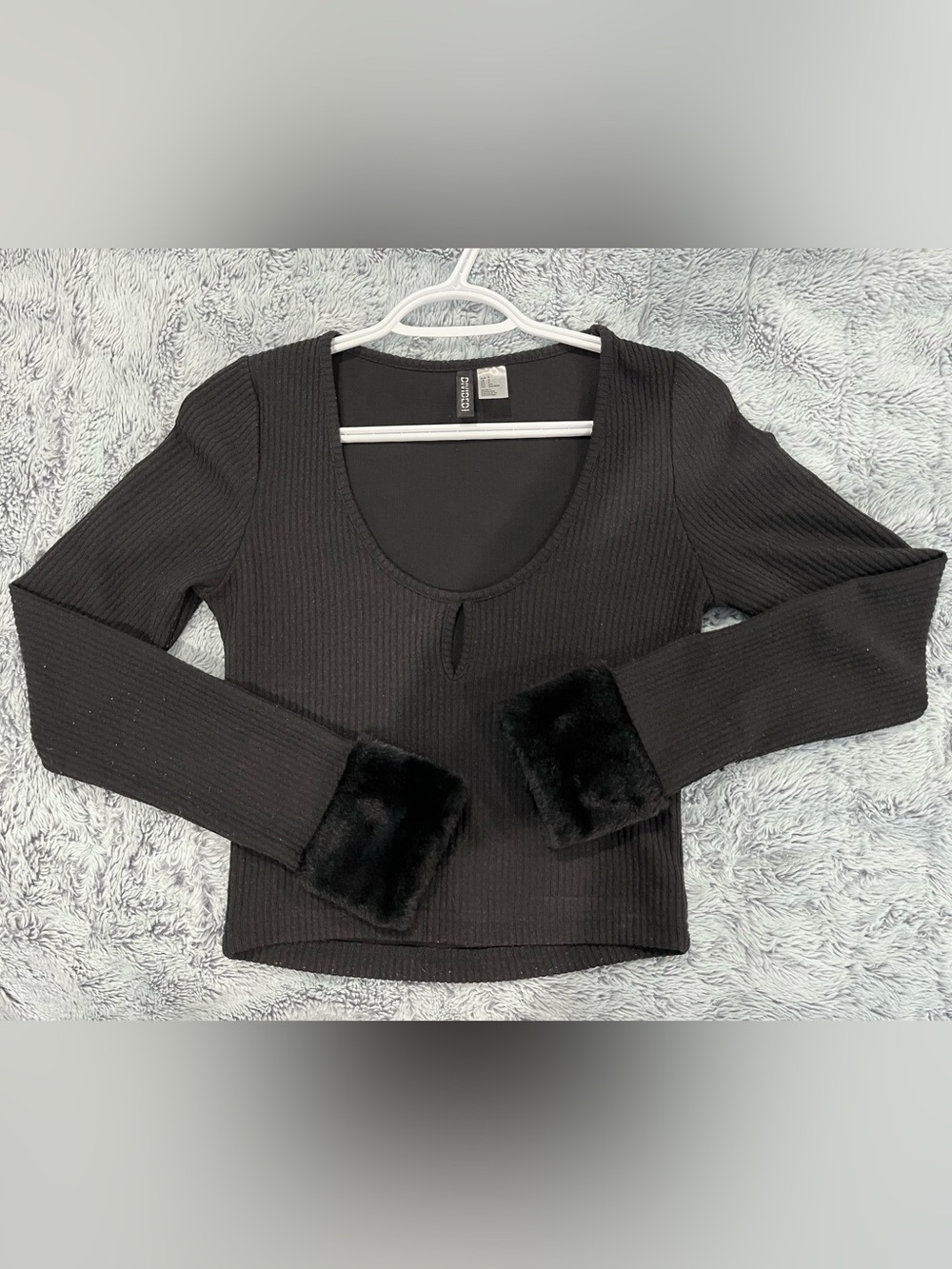 Black Ribbed Long Sleeve Top with Faux Fur Cuffs